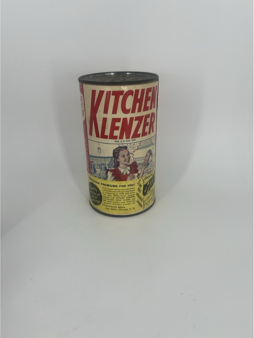 Vintage Kitchen Klenzer Cleanser Unopened Advertising Tin Can Fitzpatrick Bros
